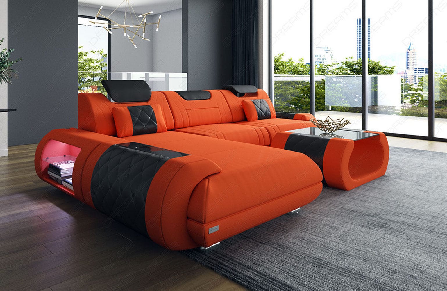 Stoffsofa Rimini L-Form – Modern und Bequem Orange-Schwarz