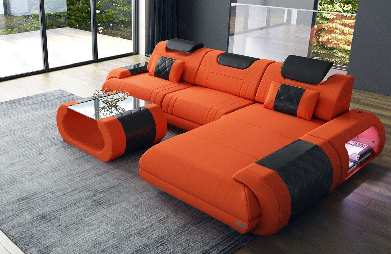 Stoffsofa Rimini L-Form – Modern und Bequem Orange-Schwarz