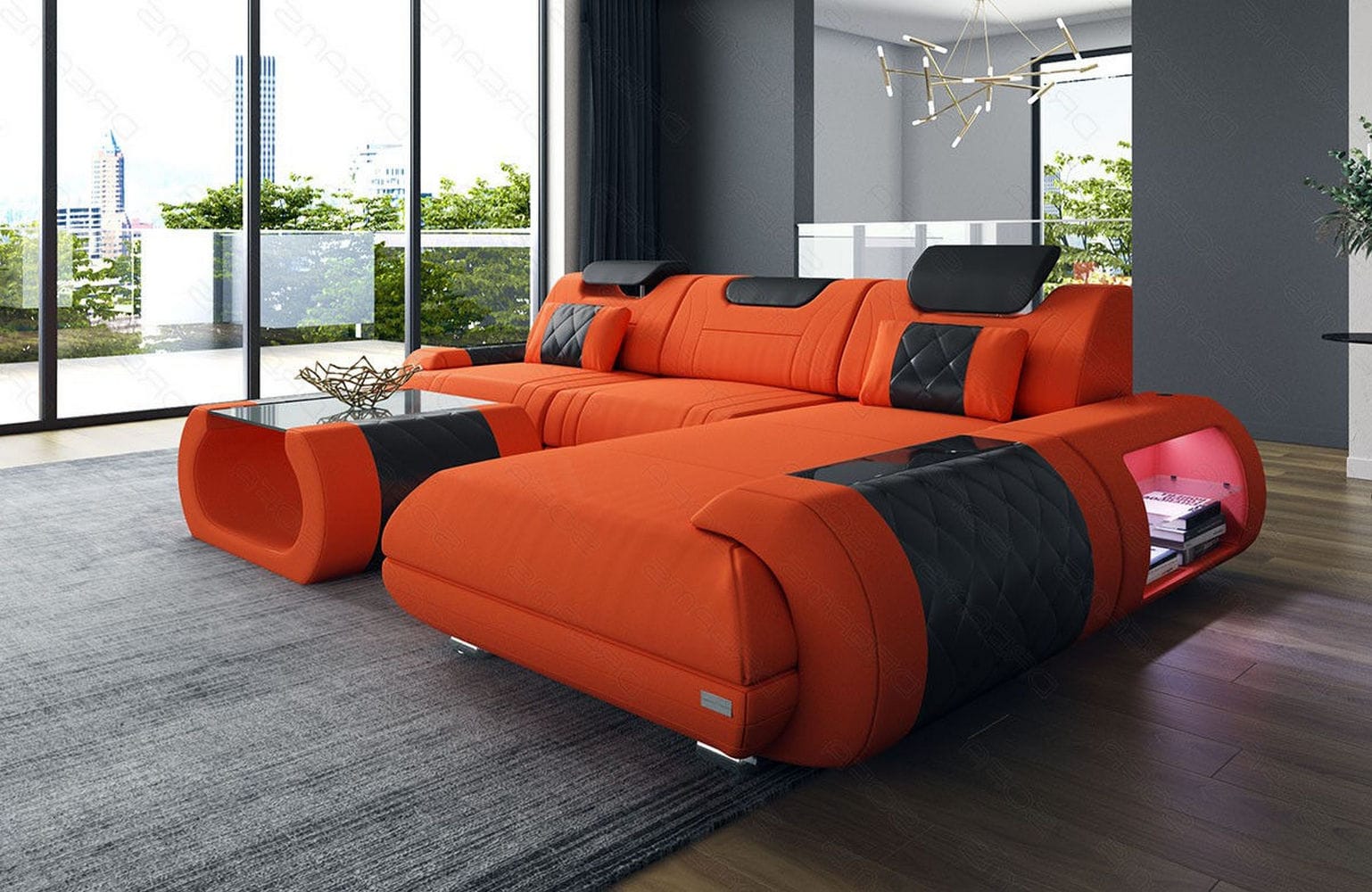 Stoffsofa Rimini L-Form – Modern und Bequem Orange-Schwarz
