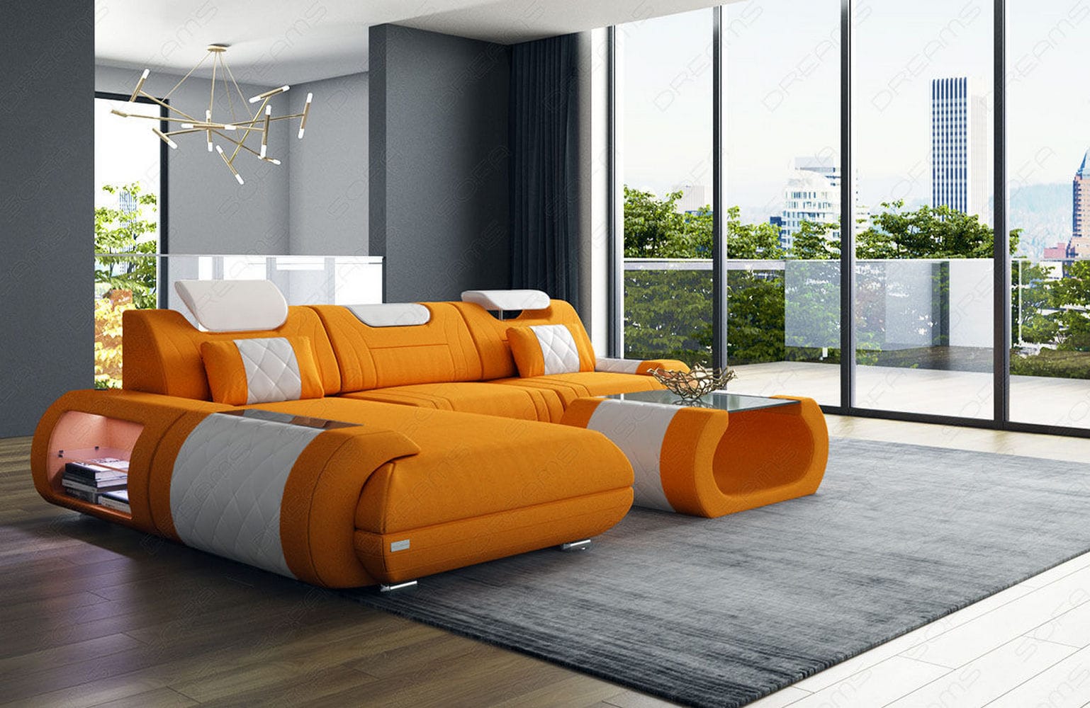 Stoffsofa Rimini L-Form – Modern und Bequem Apricot-Weiß