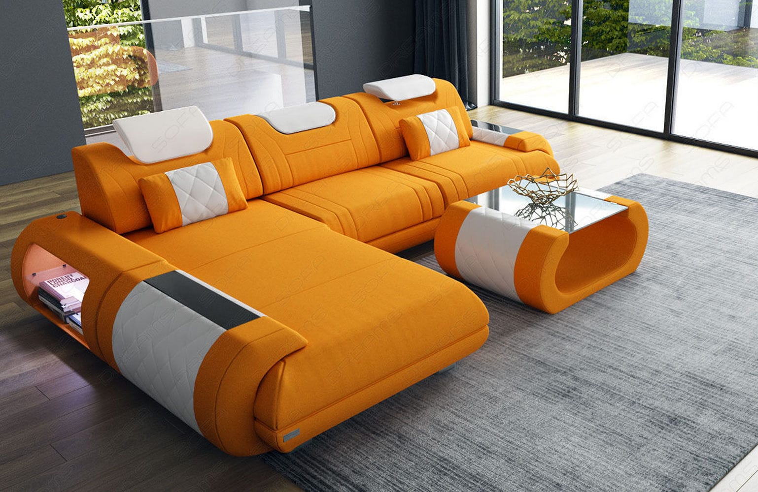 Stoffsofa Rimini L-Form – Modern und Bequem Apricot-Weiß