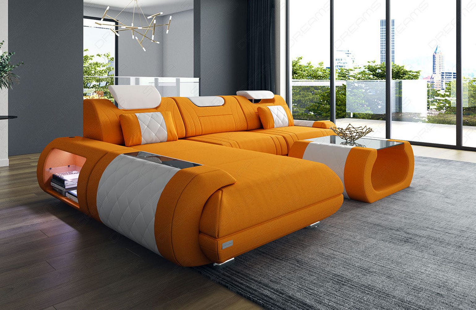 Stoffsofa Rimini L-Form – Modern und Bequem Apricot-Weiß