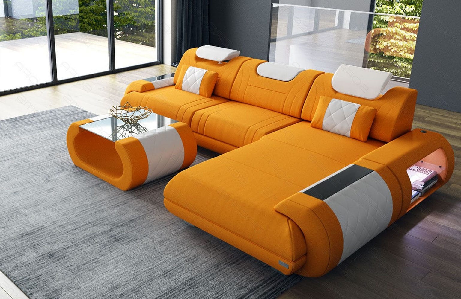 Stoffsofa Rimini L-Form – Modern und Bequem Apricot-Weiß