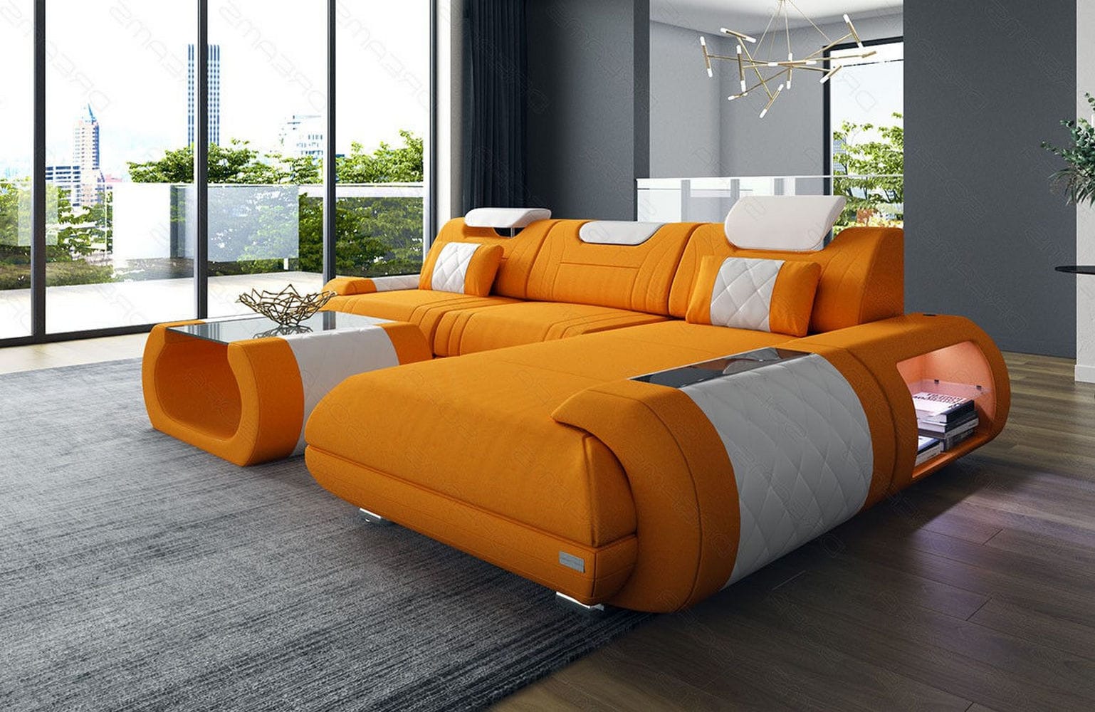 Stoffsofa Rimini L-Form – Modern und Bequem Apricot-Weiß