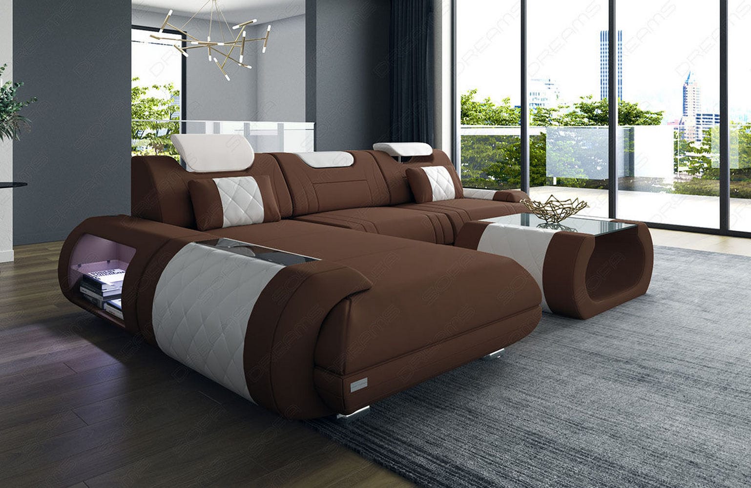 Stoffsofa Rimini L-Form – Modern und Bequem Hellbraun-Weiß