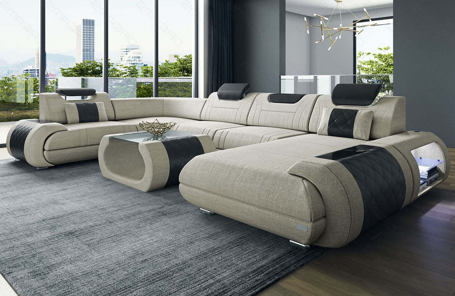 Stoff Wohnlandschaft Rimini – Komfort und Stil Elfenbein-Schwarz