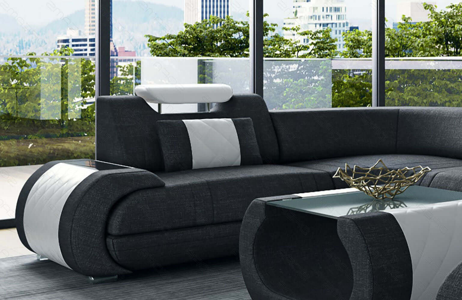 Stoff Wohnlandschaft Rimini – Komfort und Stil Schwarzgrau-Weiß