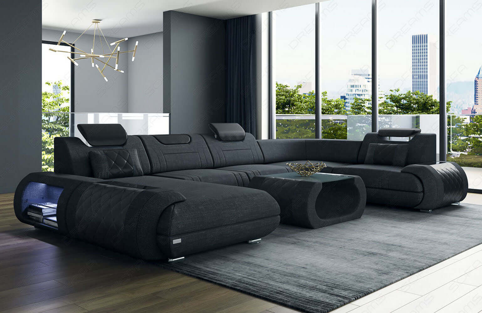 Wohnlandschaft Rimini U-Form aus Stoff Schwarz-Weiß