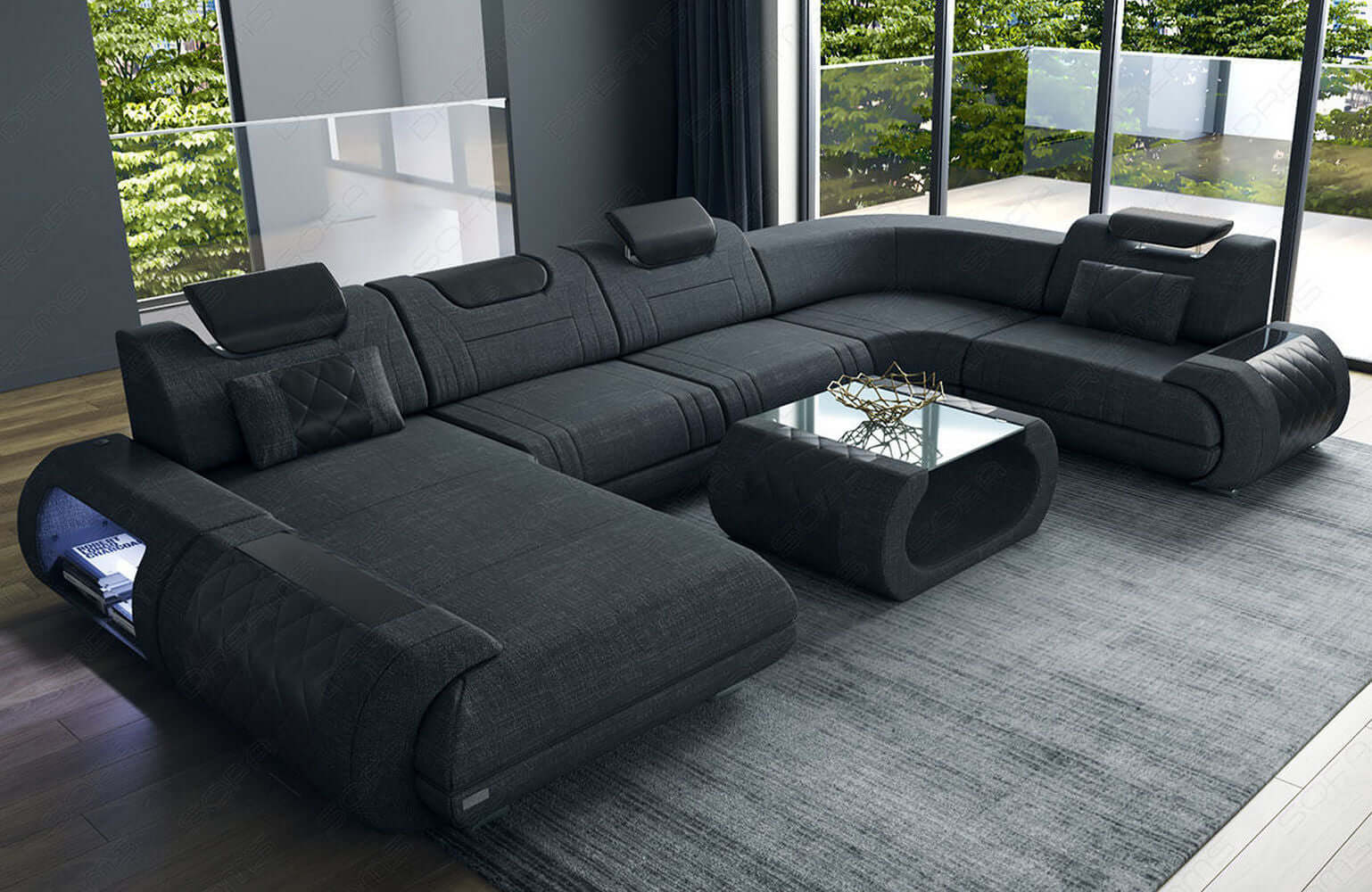 Wohnlandschaft Rimini U-Form aus Stoff Schwarz-Weiß