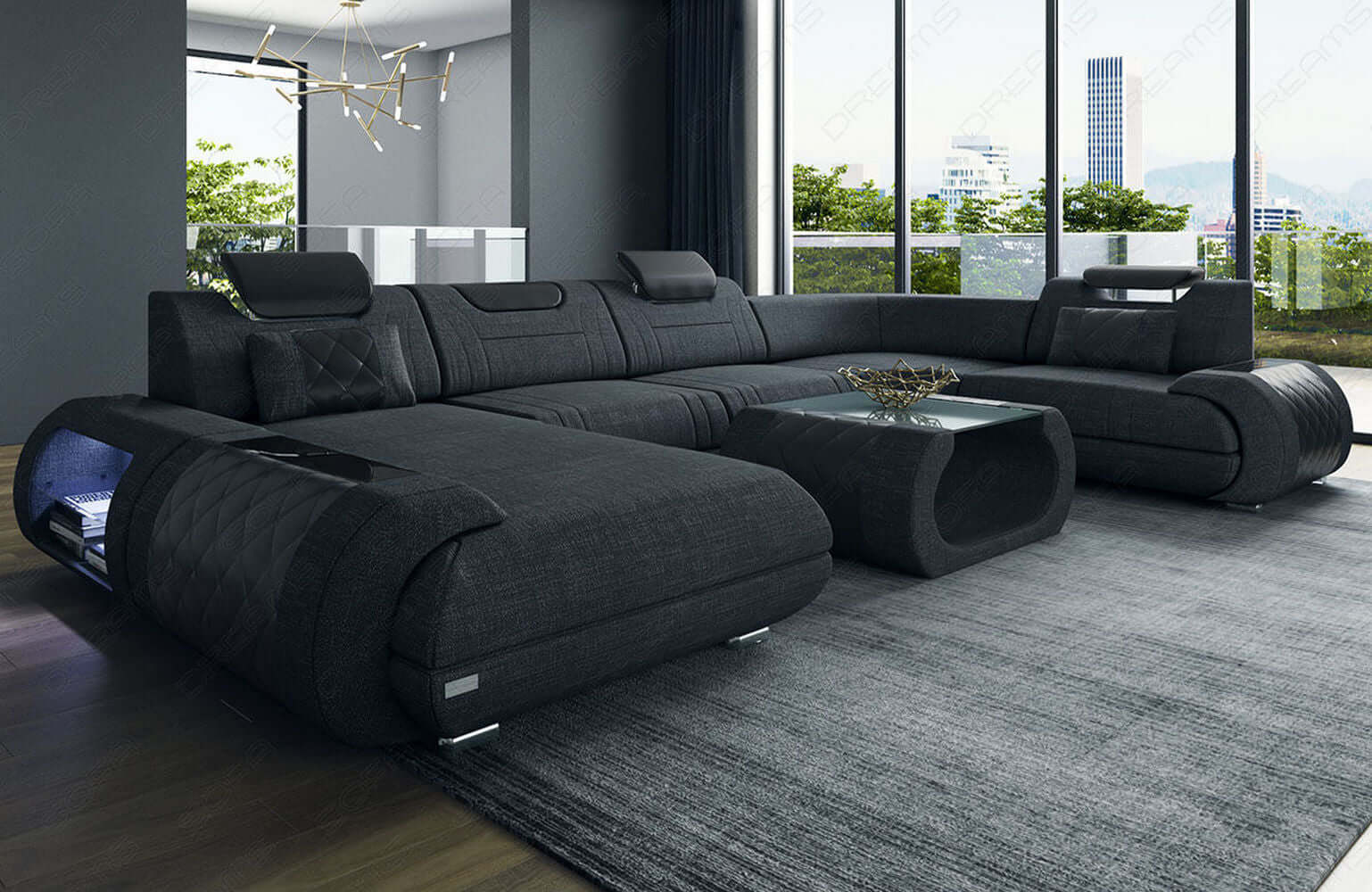 Wohnlandschaft Rimini U-Form aus Stoff Schwarz-Weiß