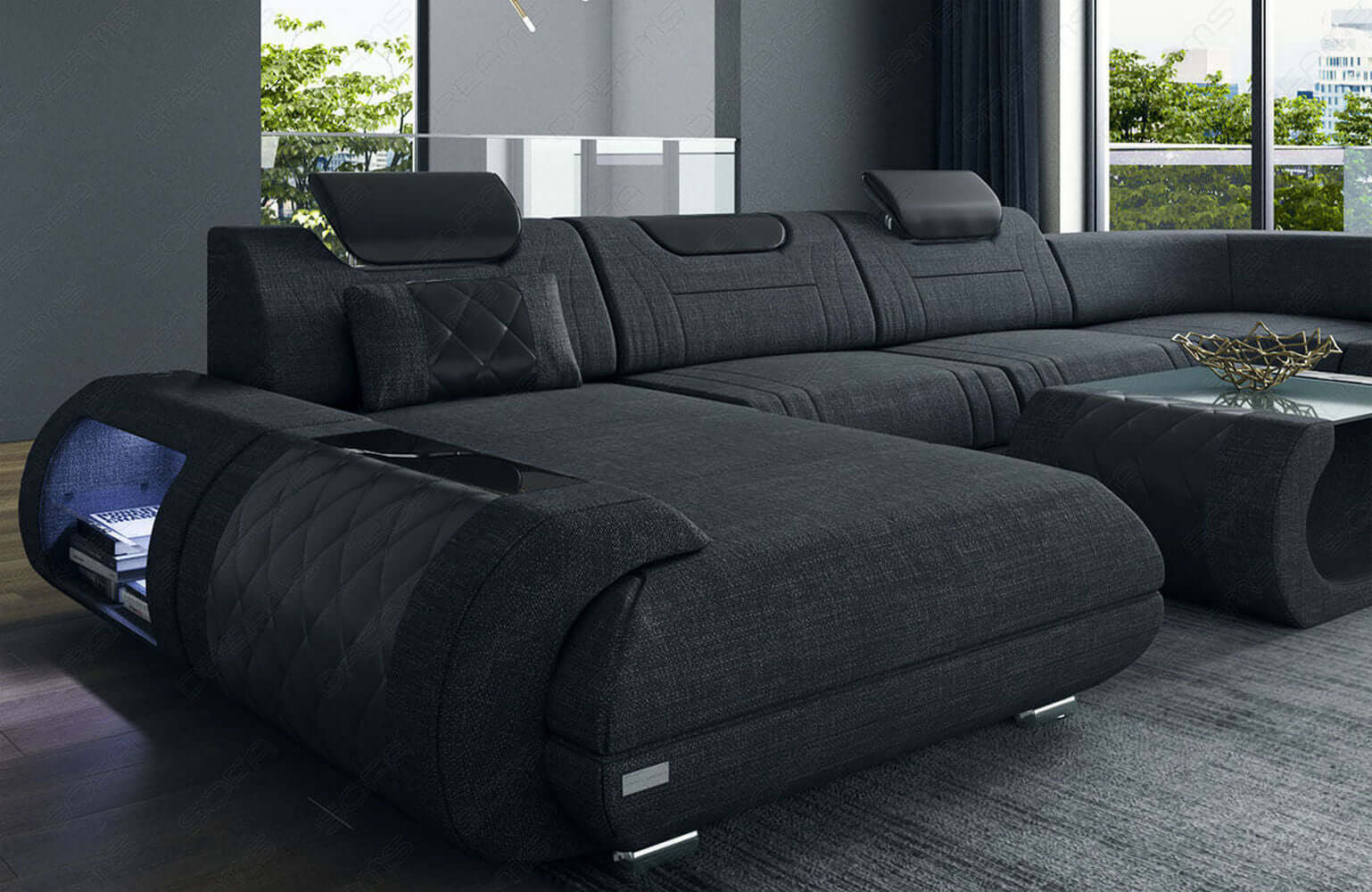 Wohnlandschaft Rimini U-Form aus Stoff Schwarz-Weiß