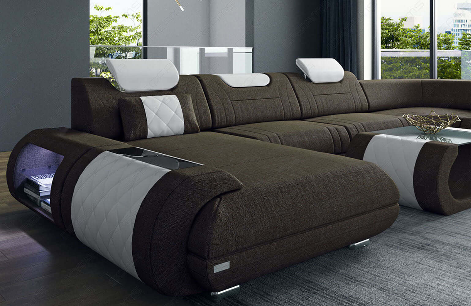 Stoff Wohnlandschaft Rimini – Komfort und Stil Braun-Weiß