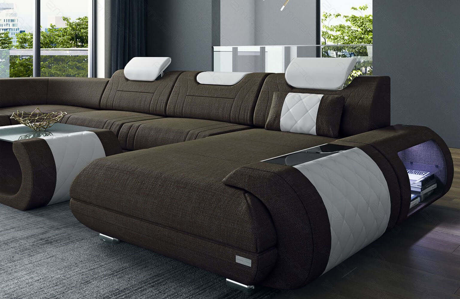 Stoff Wohnlandschaft Rimini – Komfort und Stil Braun-Weiß