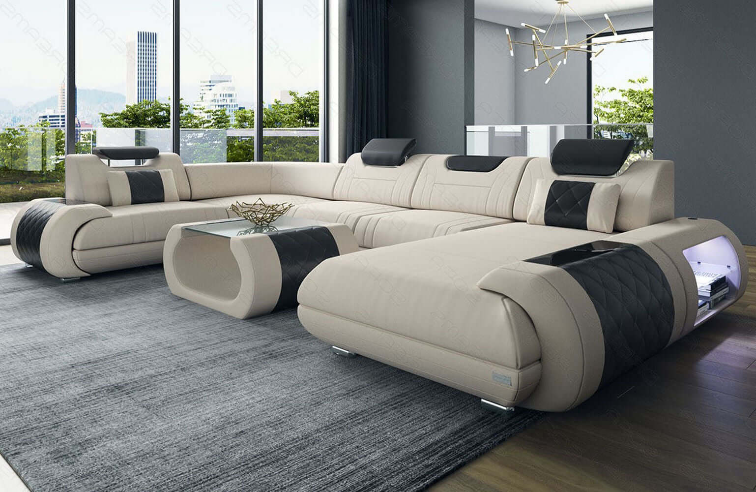 Stoff Wohnlandschaft Rimini – Komfort und Stil Elfenbein-Schwarz