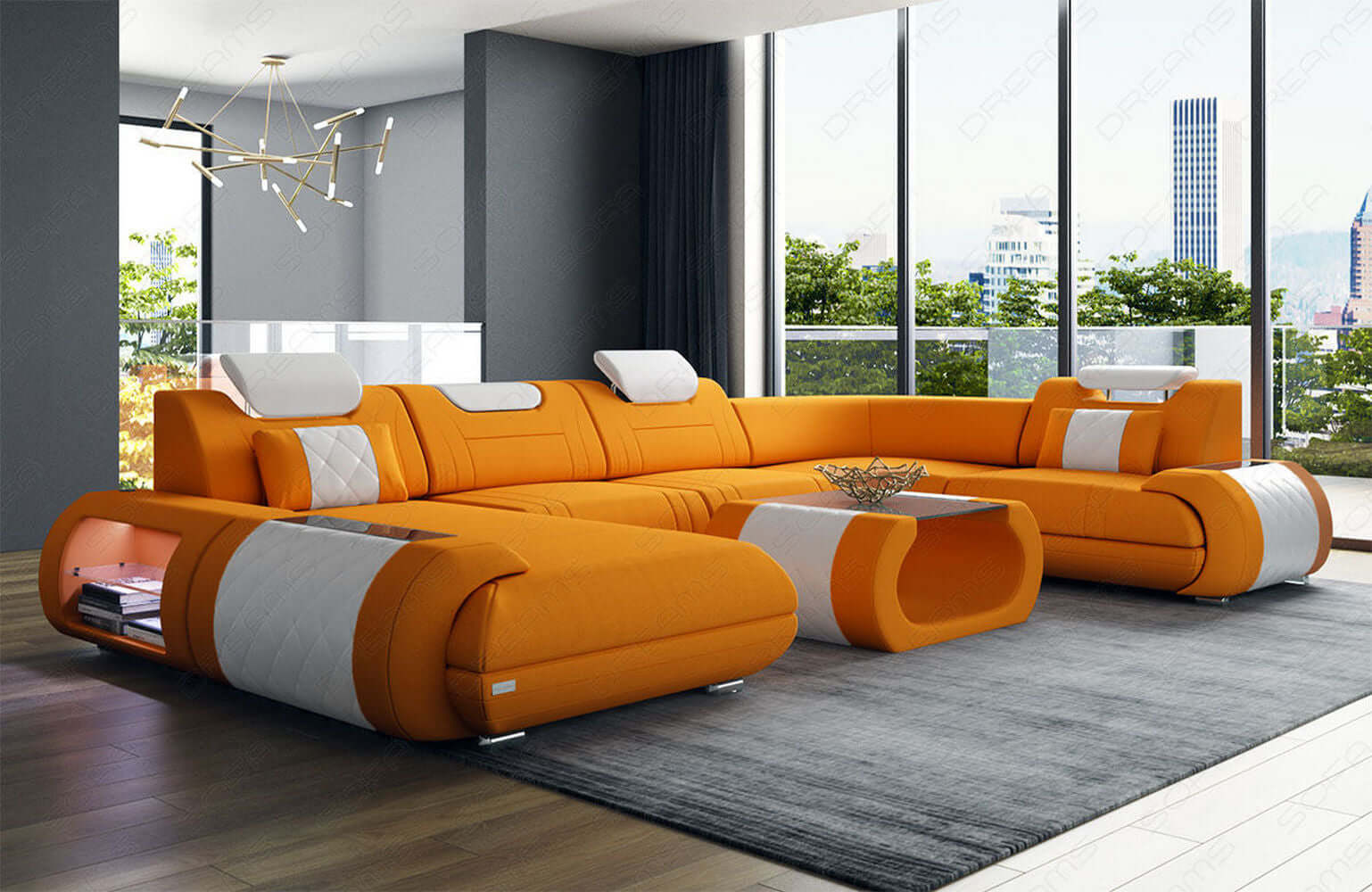 Stoff Wohnlandschaft Rimini – Komfort und Stil Apricot-Weiß