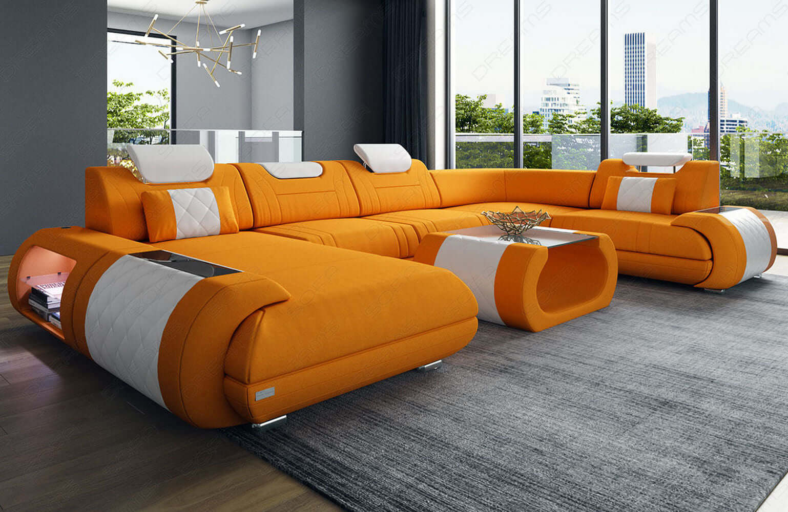 Stoff Wohnlandschaft Rimini – Komfort und Stil Apricot-Weiß