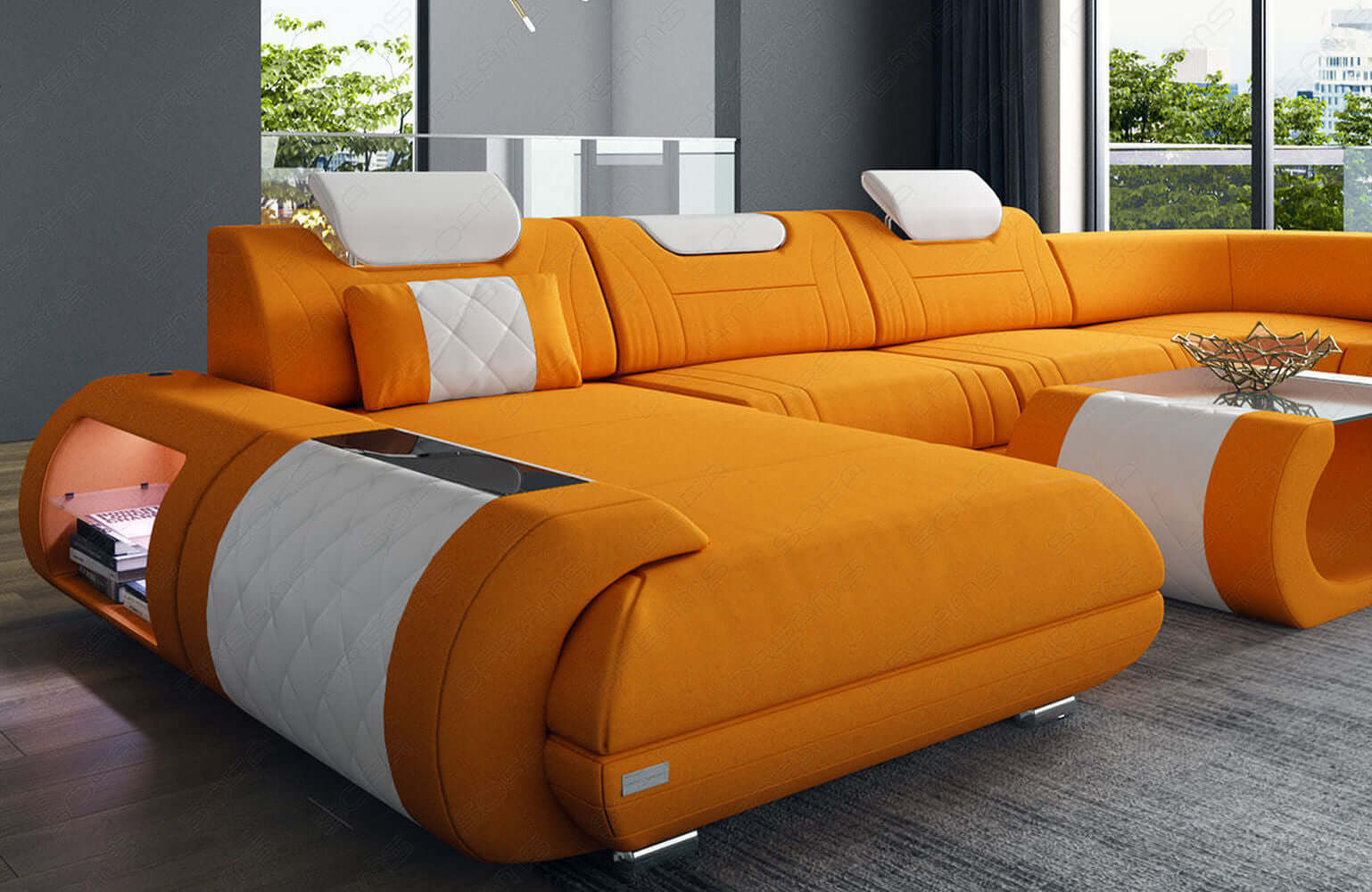Stoff Wohnlandschaft Rimini – Komfort und Stil Apricot-Weiß