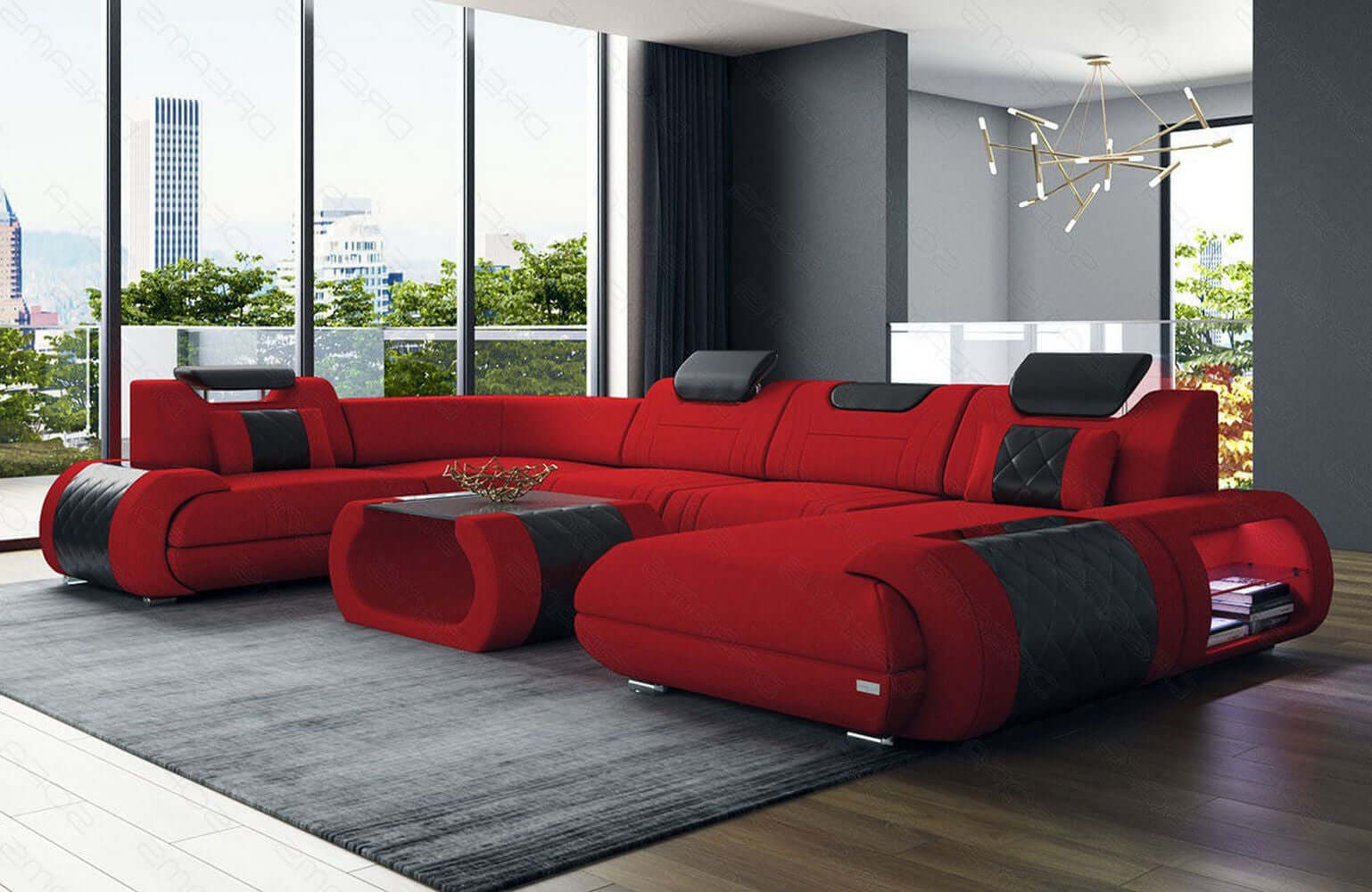 Stoff Wohnlandschaft Rimini – Komfort und Stil Rot-Schwarz