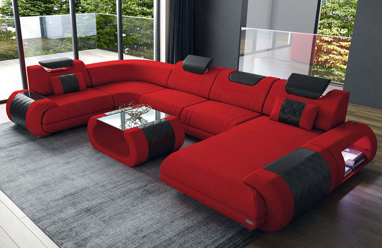 Stoff Wohnlandschaft Rimini – Komfort und Stil Rot-Schwarz