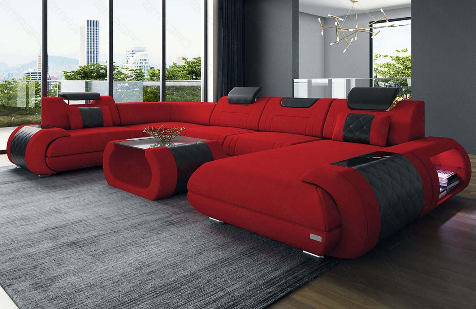Stoff Wohnlandschaft Rimini – Komfort und Stil Rot-Schwarz
