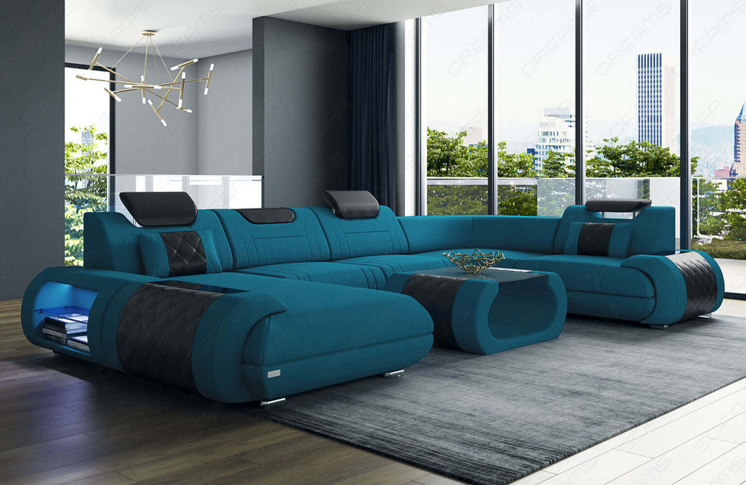 Stoff Wohnlandschaft Rimini – Komfort und Stil Azurblau-Schwarz