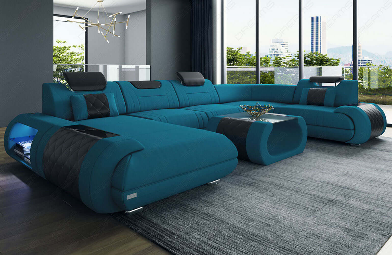 Stoff Wohnlandschaft Rimini – Komfort und Stil Azurblau-Schwarz