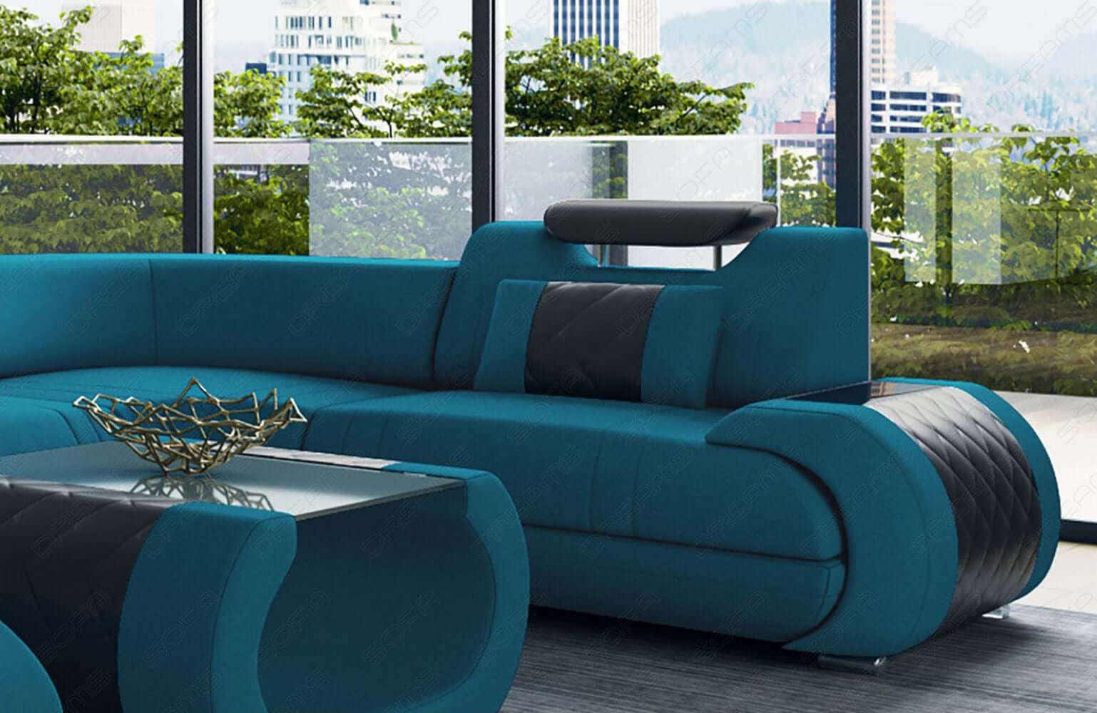 Stoff Wohnlandschaft Rimini – Komfort und Stil Azurblau-Schwarz