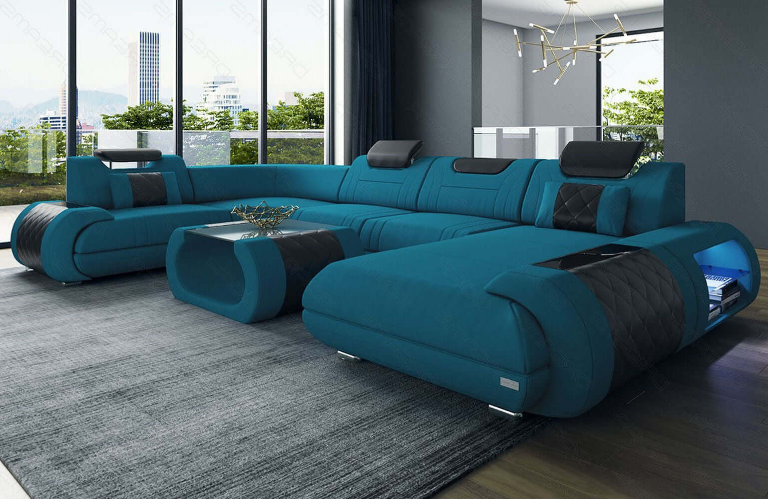 Stoff Wohnlandschaft Rimini – Komfort und Stil Azurblau-Schwarz
