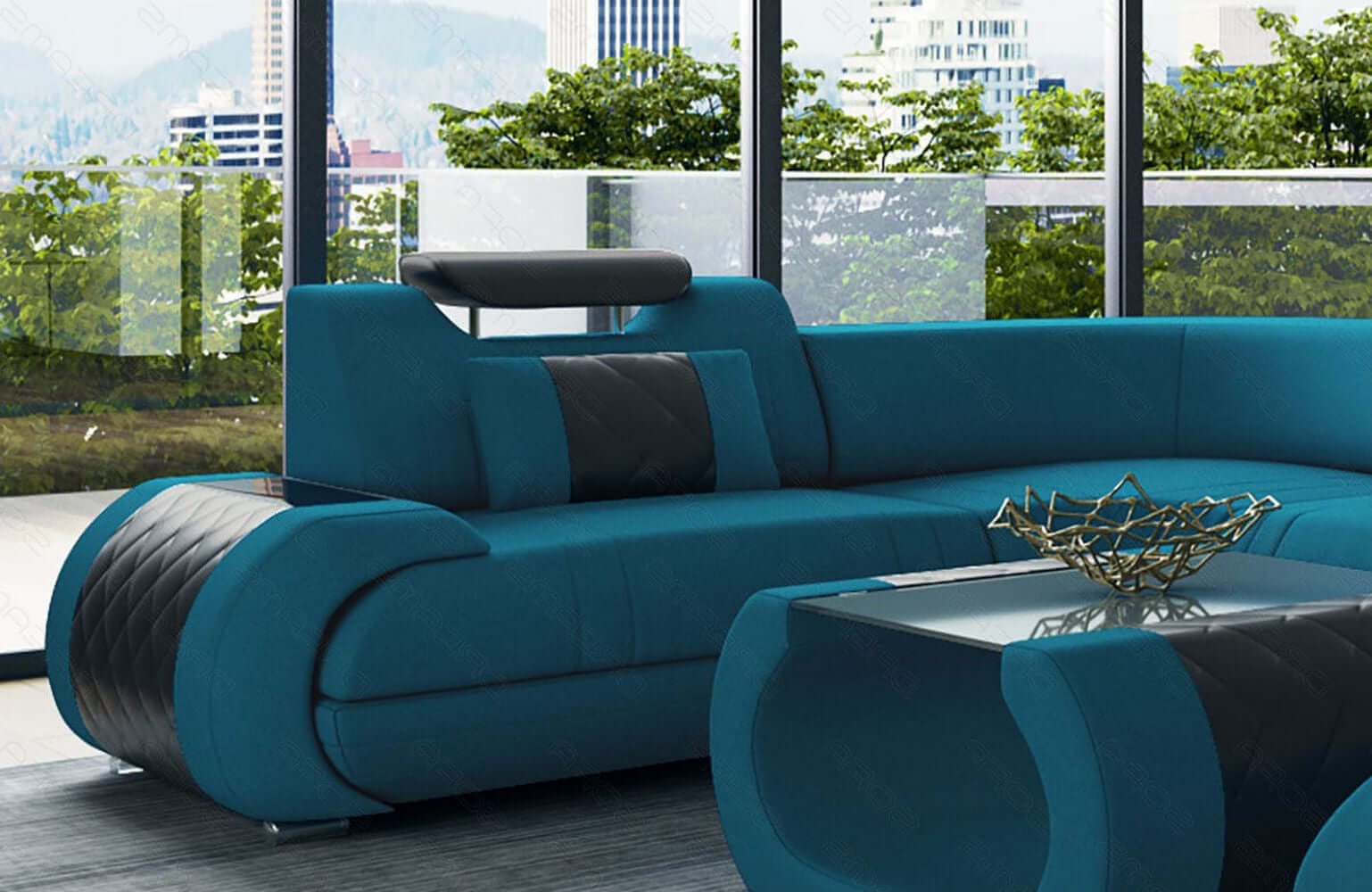 Stoff Wohnlandschaft Rimini – Komfort und Stil Azurblau-Schwarz