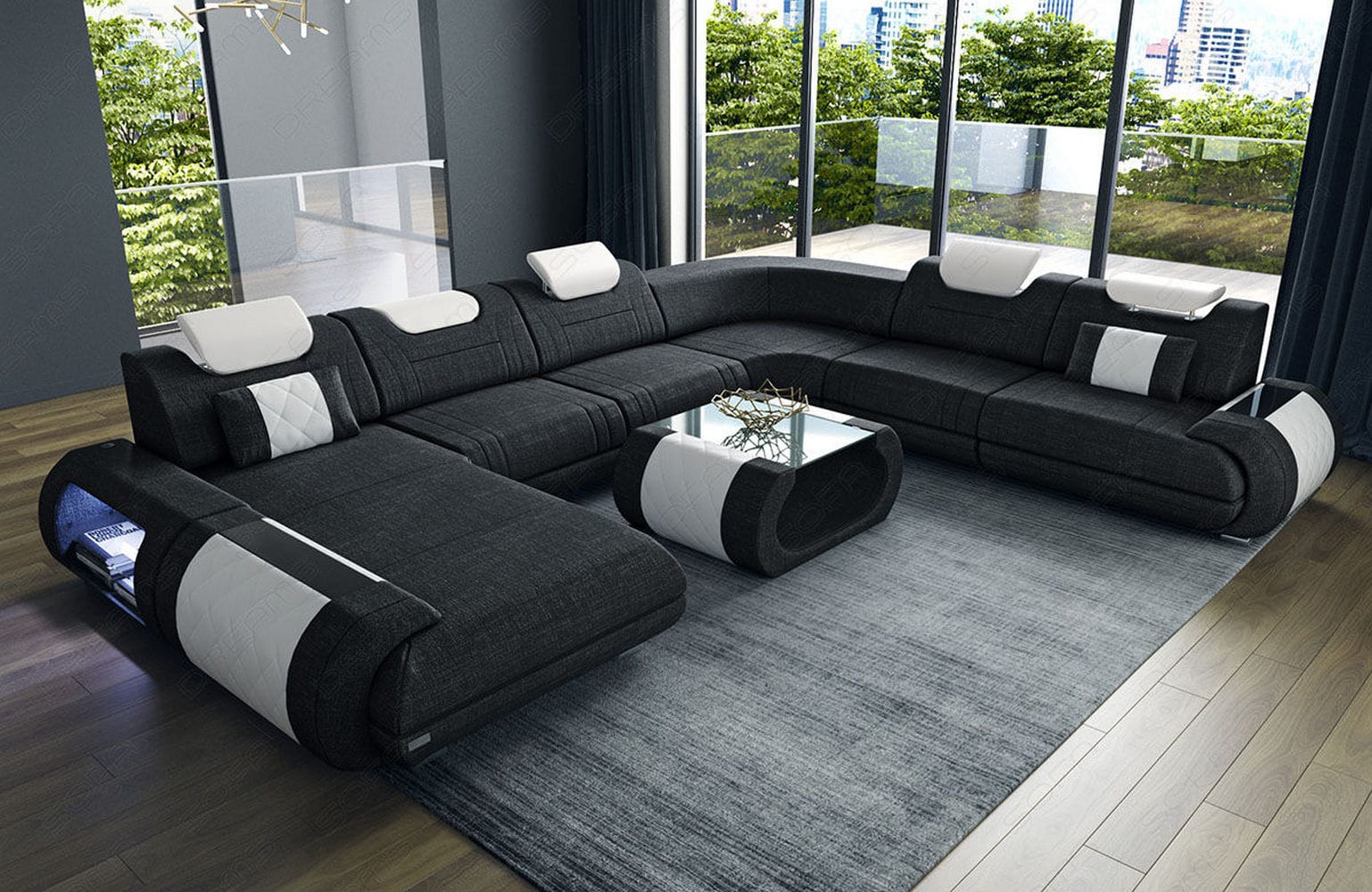 XXL Stoff Wohnlandschaft Rimini – Modern & Bequem Dunkelgrau-Weiß