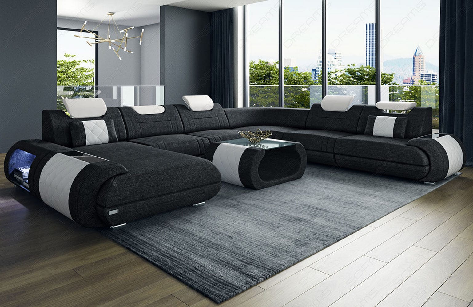 XXL Stoff Wohnlandschaft Rimini – Modern & Bequem Dunkelgrau-Weiß