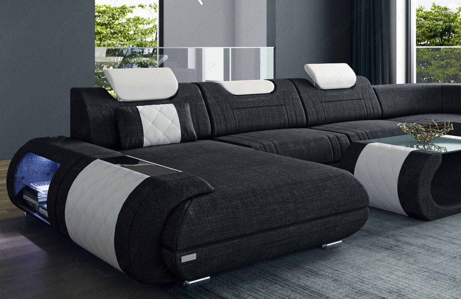 XXL Stoff Wohnlandschaft Rimini – Modern & Bequem Dunkelgrau-Weiß