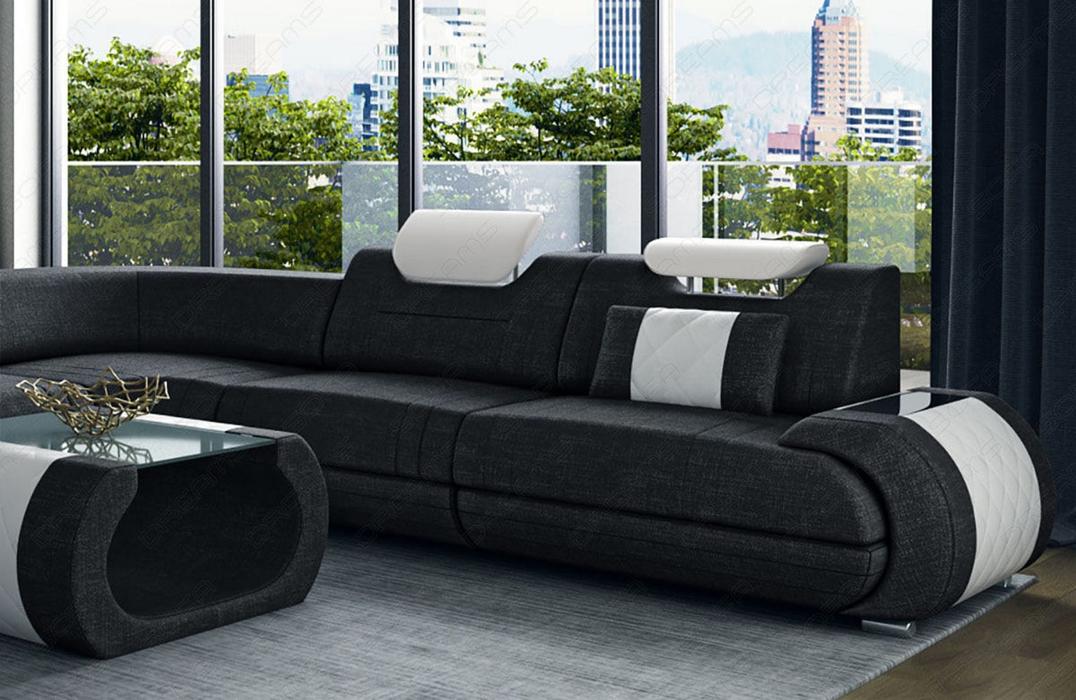 XXL Stoff Wohnlandschaft Rimini – Modern & Bequem Dunkelgrau-Weiß