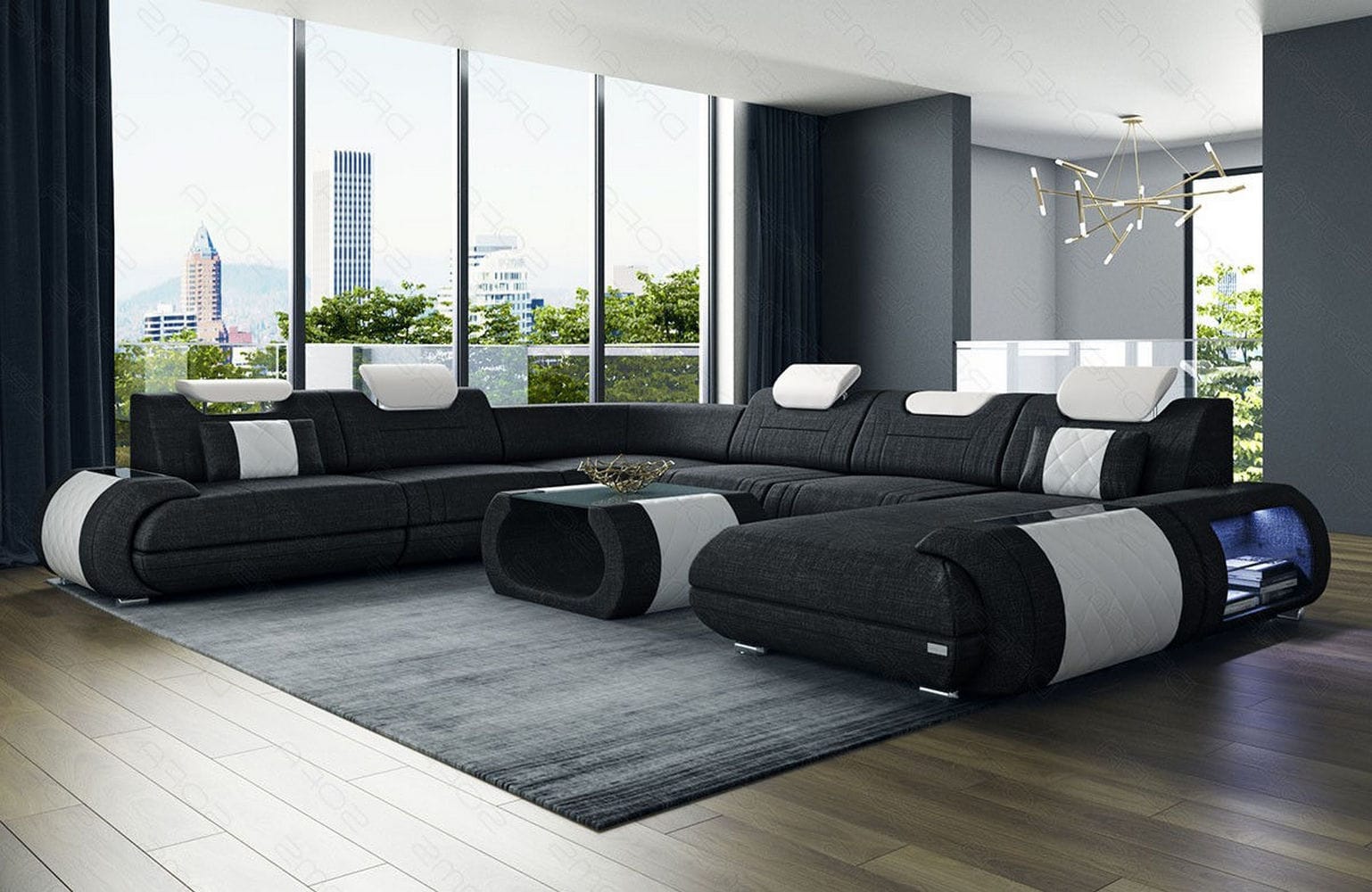 XXL Stoff Wohnlandschaft Rimini – Modern & Bequem Dunkelgrau-Weiß