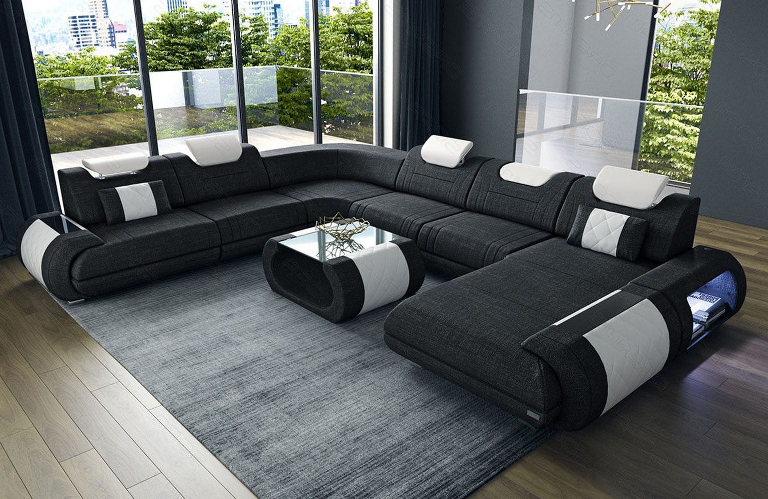 XXL Stoff Wohnlandschaft Rimini – Modern & Bequem Dunkelgrau-Weiß
