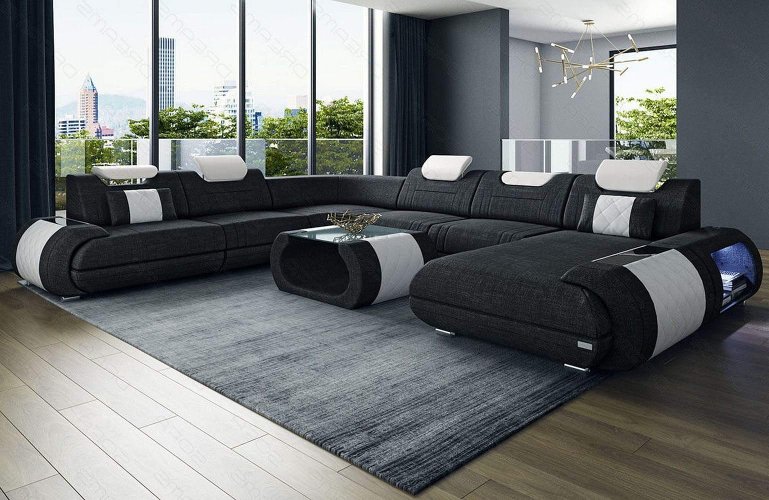 XXL Stoff Wohnlandschaft Rimini – Modern & Bequem Dunkelgrau-Weiß