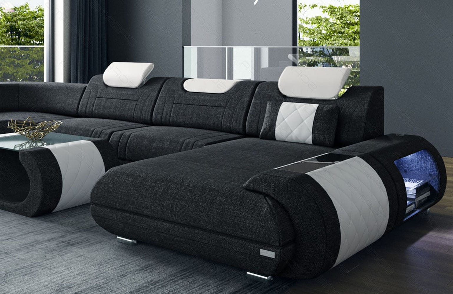 XXL Stoff Wohnlandschaft Rimini – Modern & Bequem Dunkelgrau-Weiß