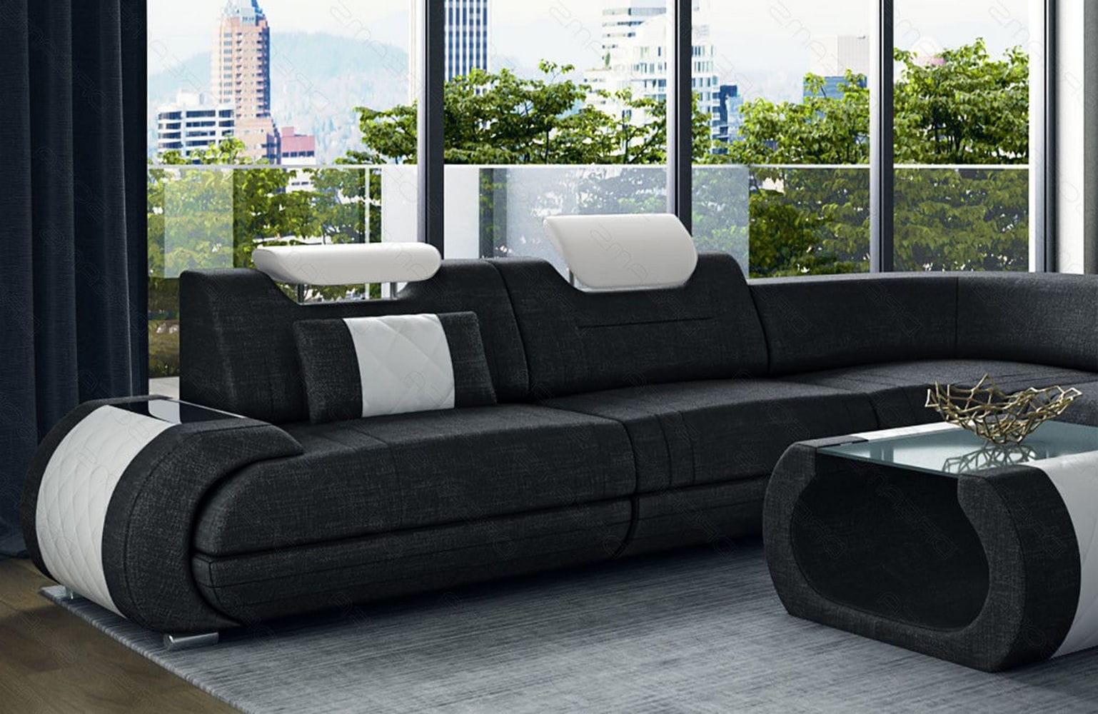 XXL Stoff Wohnlandschaft Rimini – Modern & Bequem Dunkelgrau-Weiß