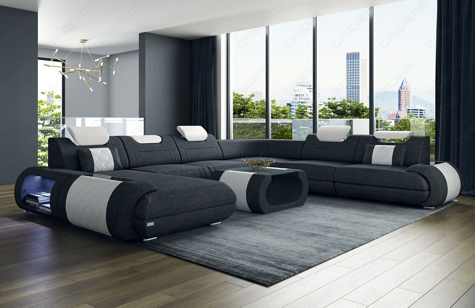 XXL Stoff Wohnlandschaft Rimini – Modern & Bequem Schwarz-Weiß
