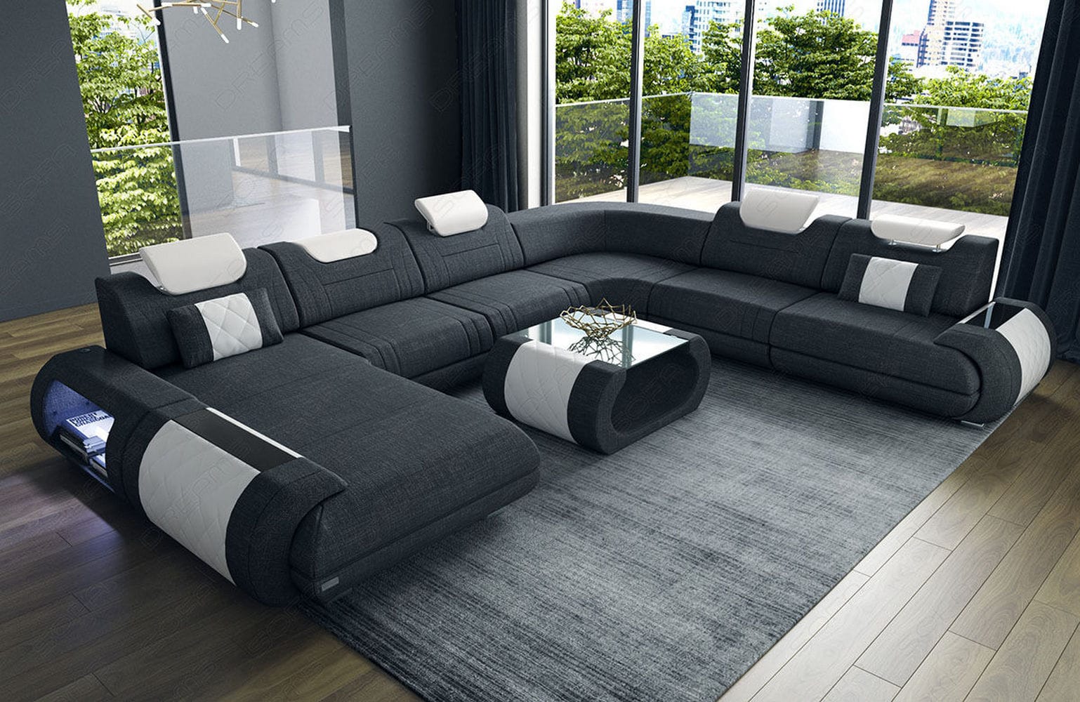 XXL Stoff Wohnlandschaft Rimini – Modern & Bequem Schwarz-Weiß