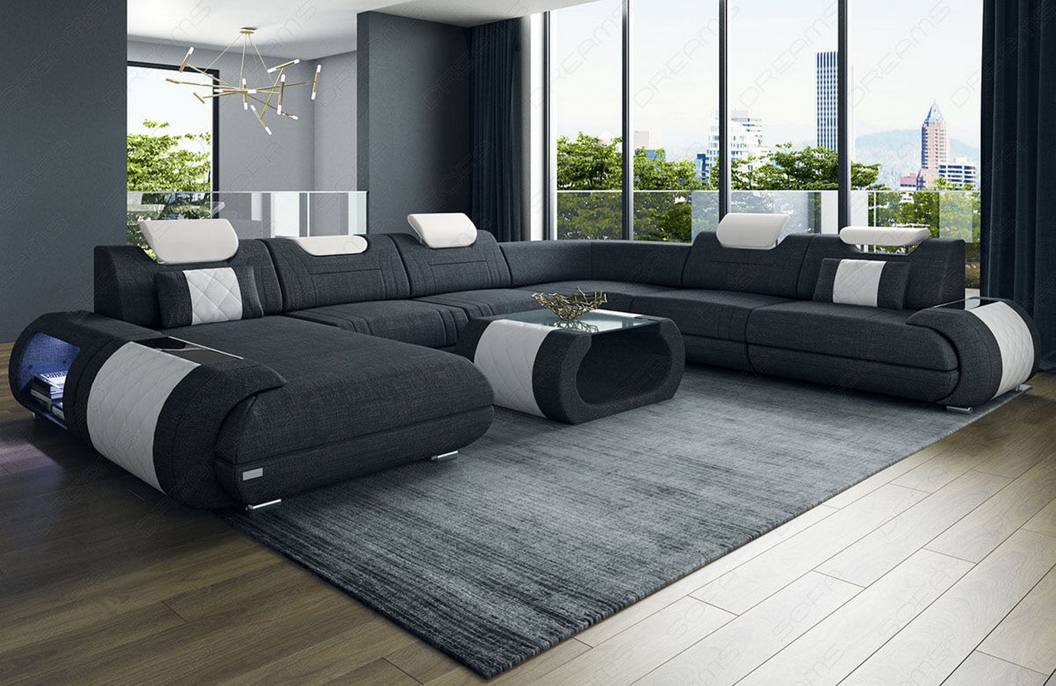 XXL Stoff Wohnlandschaft Rimini – Modern & Bequem Schwarz-Weiß