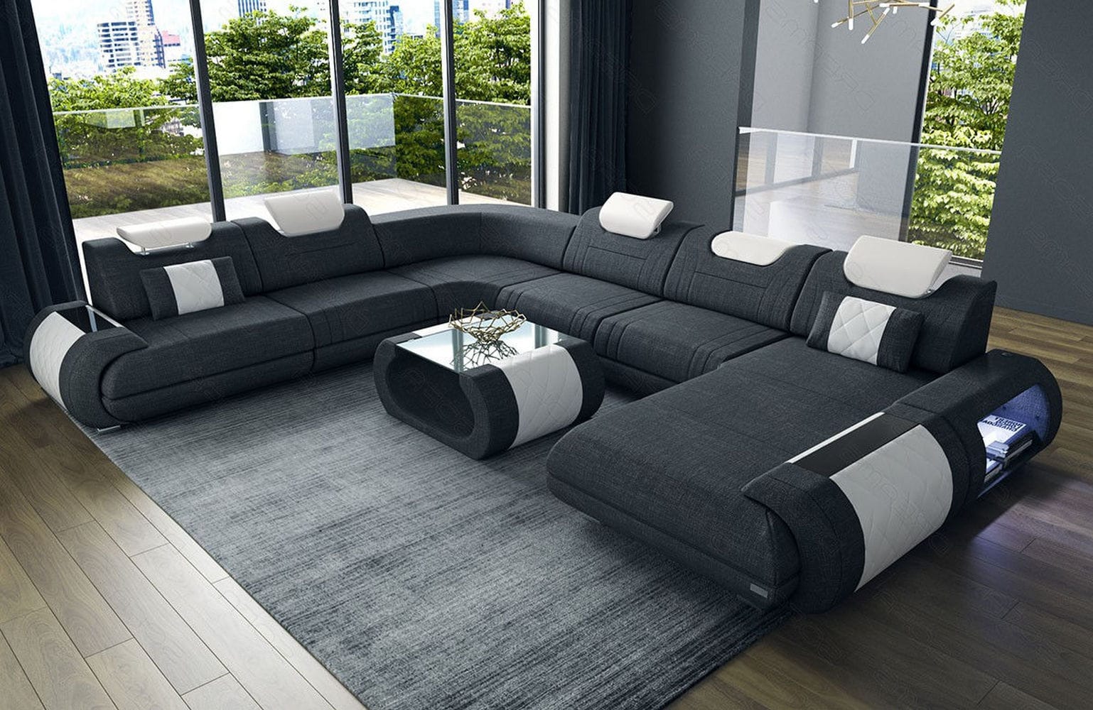 XXL Stoff Wohnlandschaft Rimini – Modern & Bequem Schwarz-Weiß