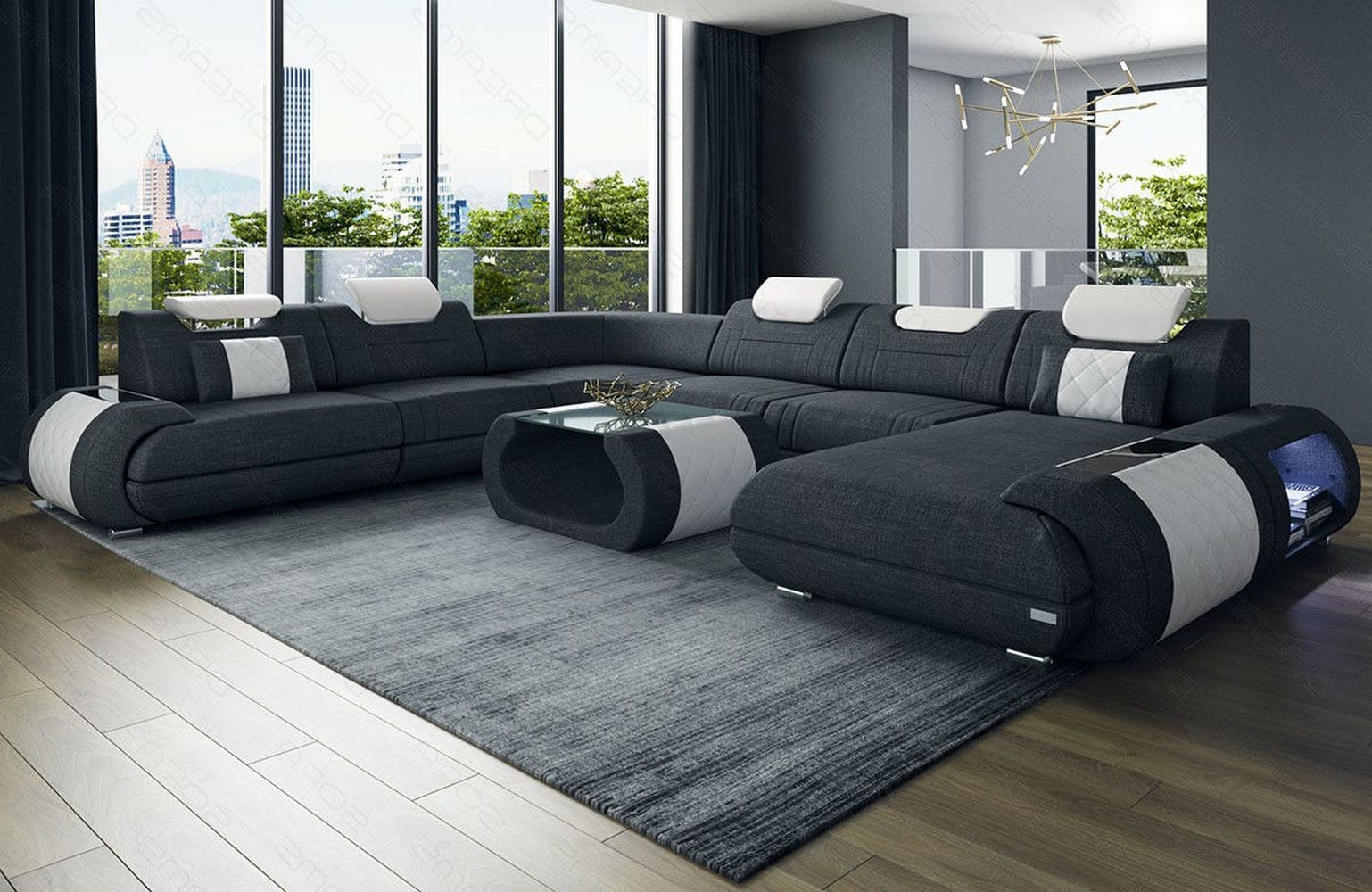 XXL Stoff Wohnlandschaft Rimini – Modern & Bequem Schwarz-Weiß