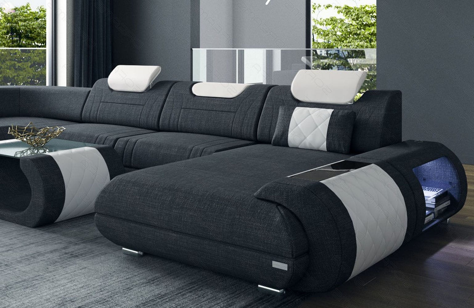 XXL Stoff Wohnlandschaft Rimini – Modern & Bequem Schwarz-Weiß