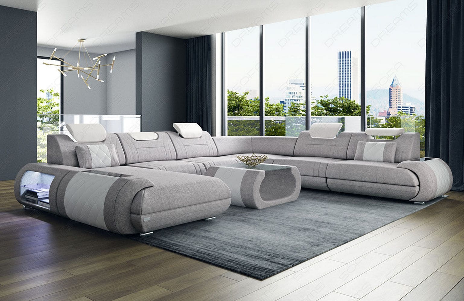 XXL Stoff Wohnlandschaft Rimini – Modern & Bequem Macchiato-Weiß