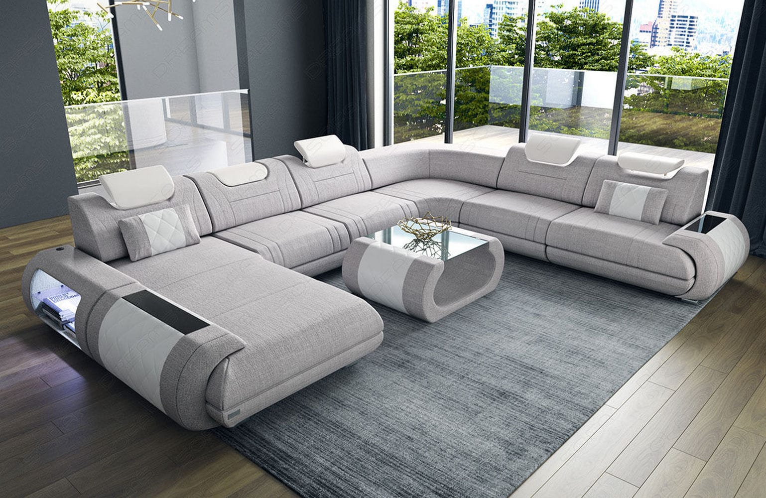 XXL Stoff Wohnlandschaft Rimini – Modern & Bequem Macchiato-Weiß