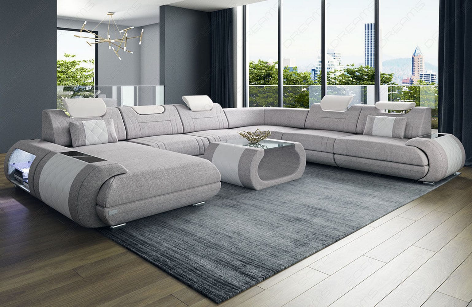 XXL Stoff Wohnlandschaft Rimini – Modern & Bequem Macchiato-Weiß