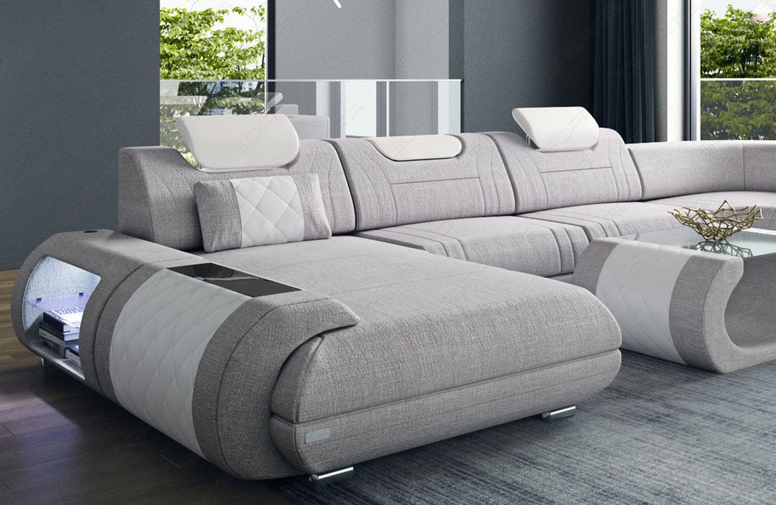 XXL Stoff Wohnlandschaft Rimini – Modern & Bequem Macchiato-Weiß