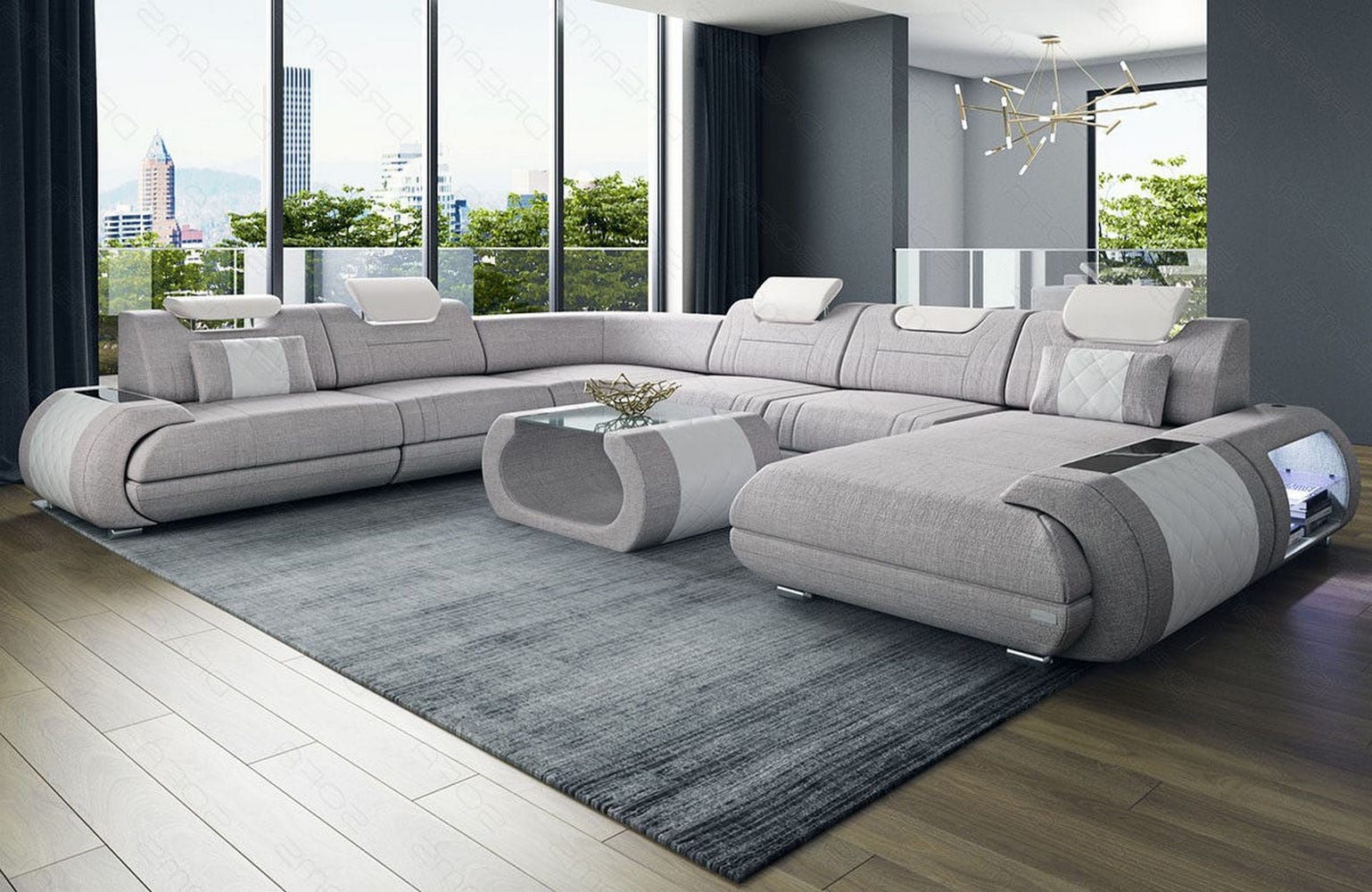 XXL Stoff Wohnlandschaft Rimini – Modern & Bequem Macchiato-Weiß