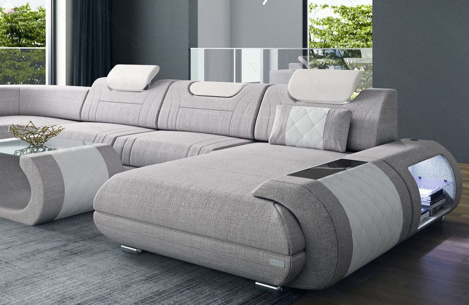 XXL Stoff Wohnlandschaft Rimini – Modern & Bequem Macchiato-Weiß